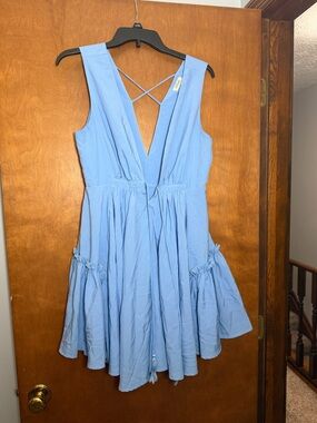 essue Sky Blue Sleeveless V-Neck Dress with Thin Straps